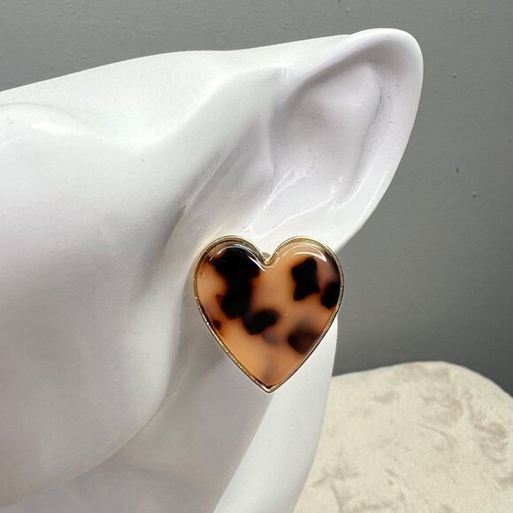 Sugarfix Animal Leopard Print Heart Earrings Brown Tan Gold Tone 1" - Picture 4 of 7